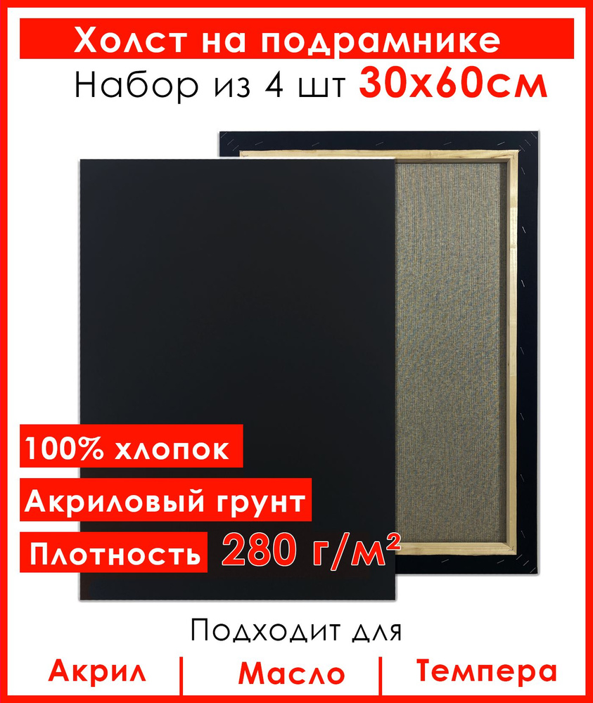 Холст грунтованный на подрамнике 30х60 см, 100% хлопок, для рисования, набор 4 шт.  #1