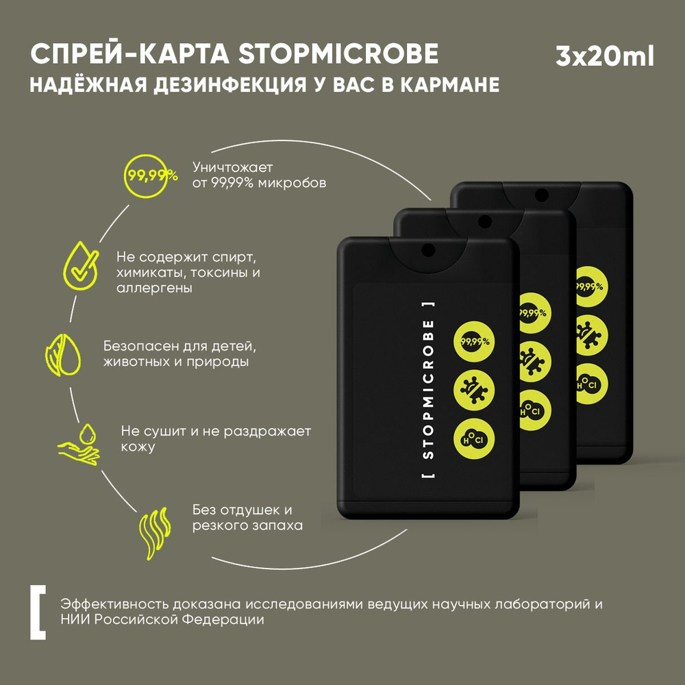 Антисептик для рук, спрей карманный STOPMICROBE, маленький, кожный, мини, дезинфекция, 20 мл (3 штуки #1