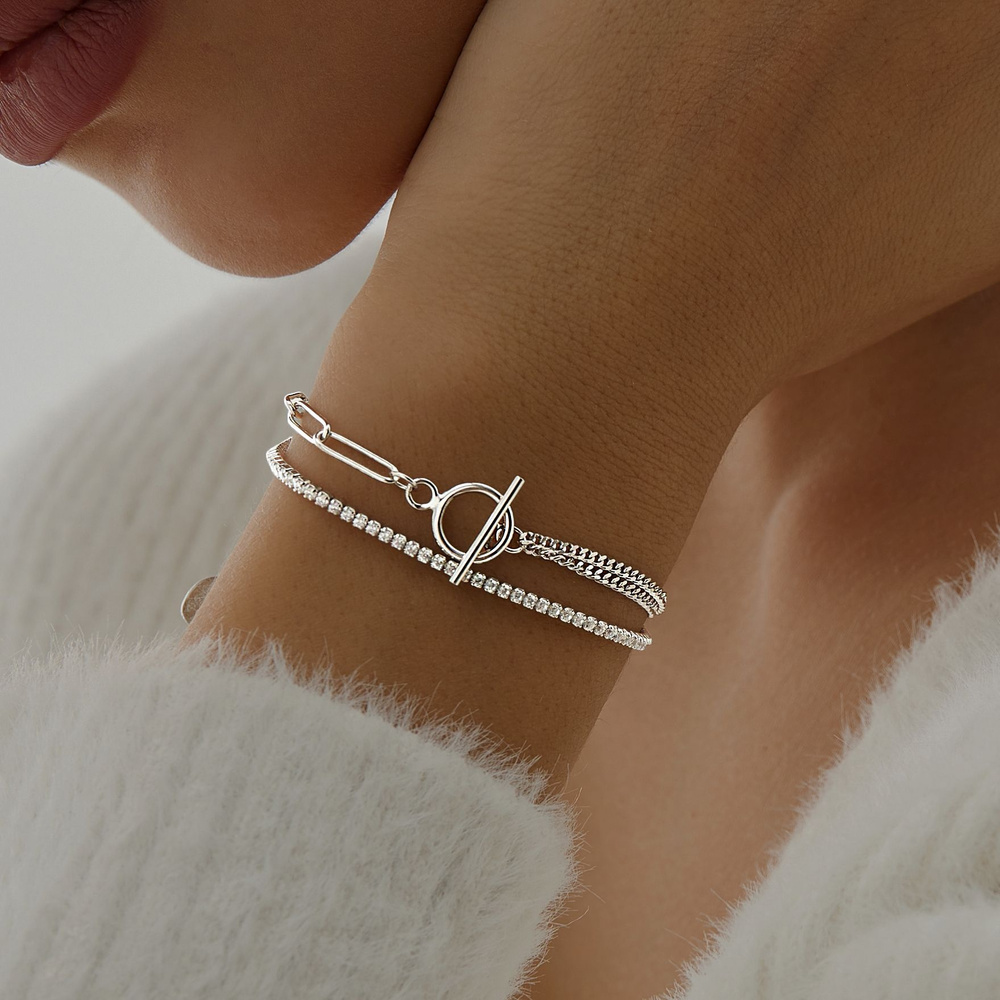 MIESTILO браслет серебро 925 теннисный, двойная серебряная цепочка на ...