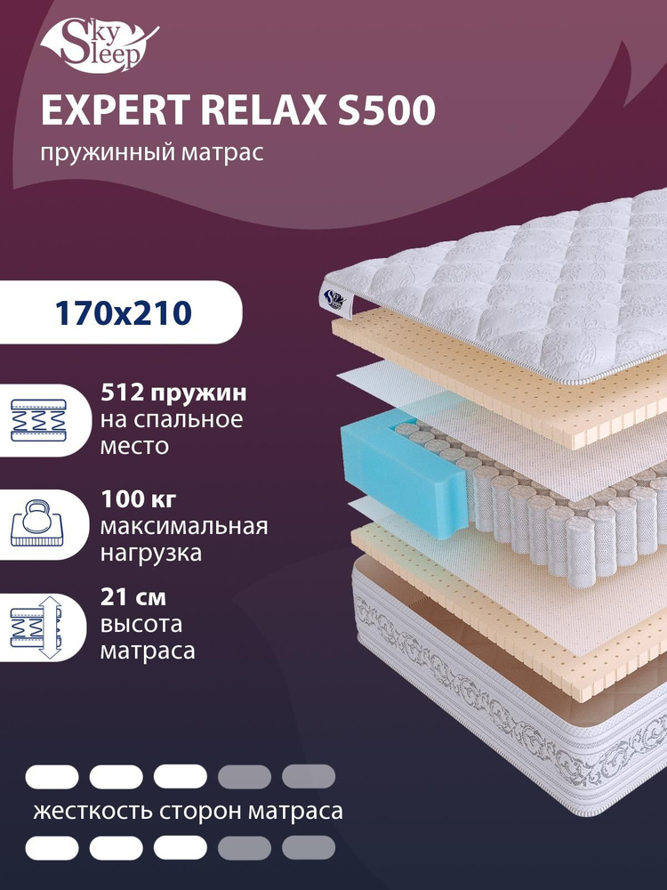 Матрас, Ортопедический Матрас SkySleep EXPERT RELAX S500, Средняя жесткость, Двуспальный, Независимые #1
