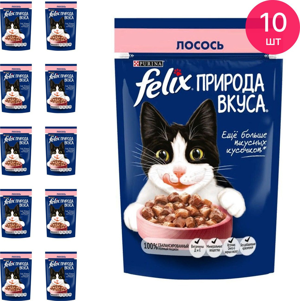 Корм для кошек влажный Felix / Феликс Природа Вкуса для взрослых животных  всех пород, кусочки лосося в соусе, пауч 75г / кошачья еда (комплект из 10  шт) - купить с доставкой по