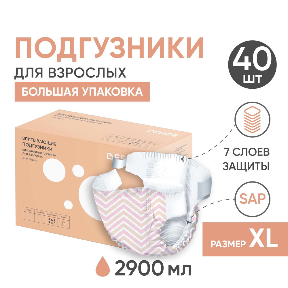 Подгузники для взрослых BESIDE, XL 40 шт, ЗигЗаг, одноразовые гелевые ...