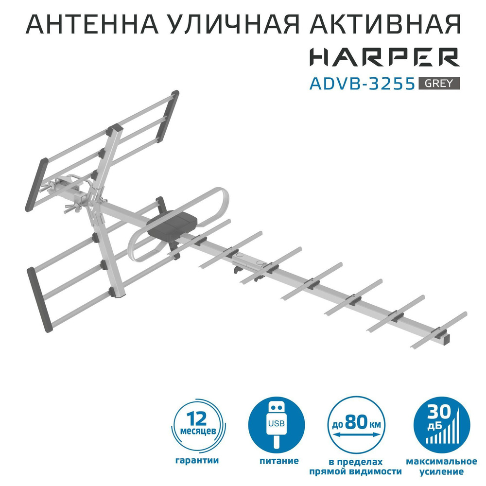 Антенна для телевизора уличная с усилителем HARPER ADVB-3255 Gray, активная  антенна для цифрового тв - купить с доставкой по выгодным ценам в  интернет-магазине OZON (1094572257)