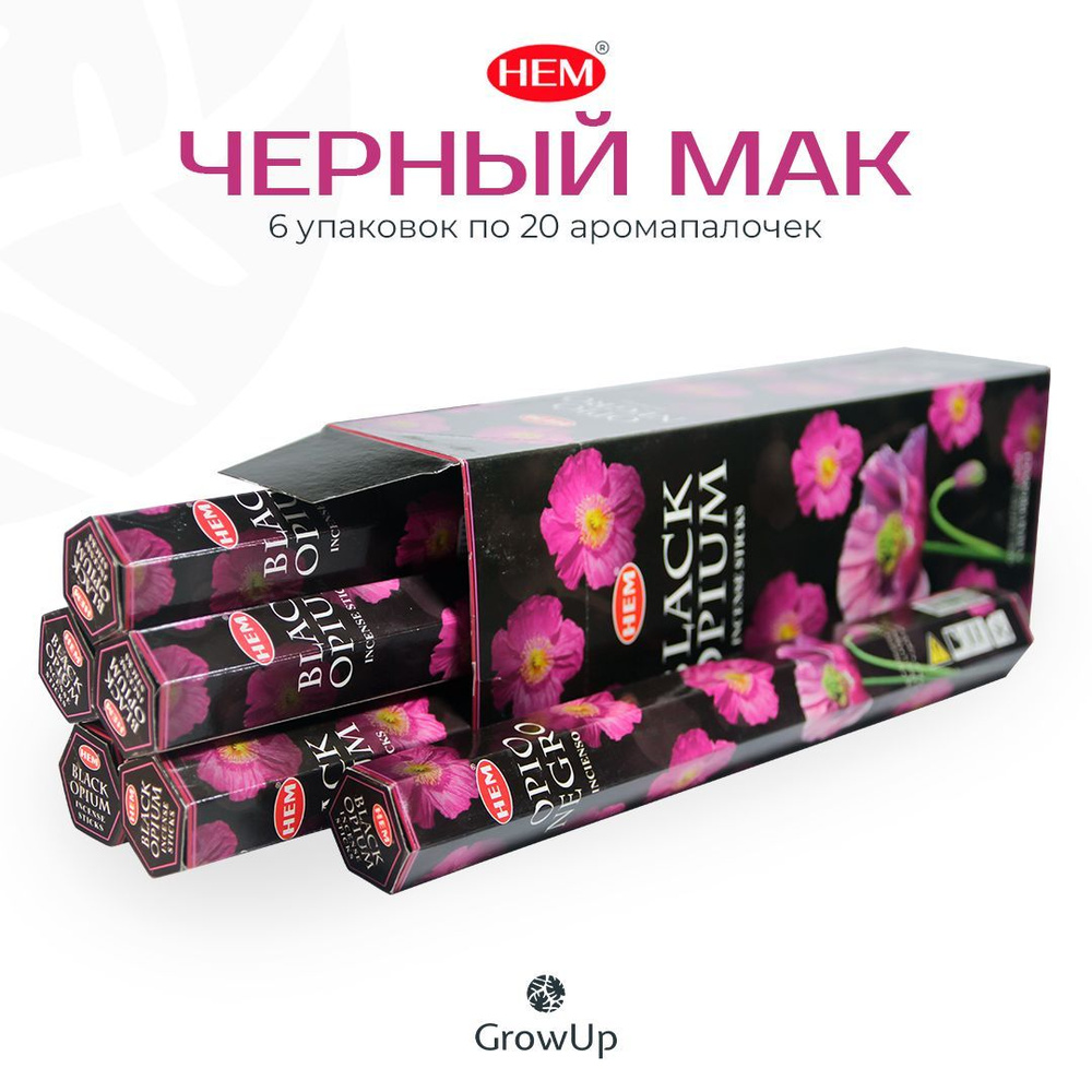 HEM Черный Опиум Мак - 6 упаковок по 20 шт - ароматические благовония, палочки, Black Opium - Hexa ХЕМ #1