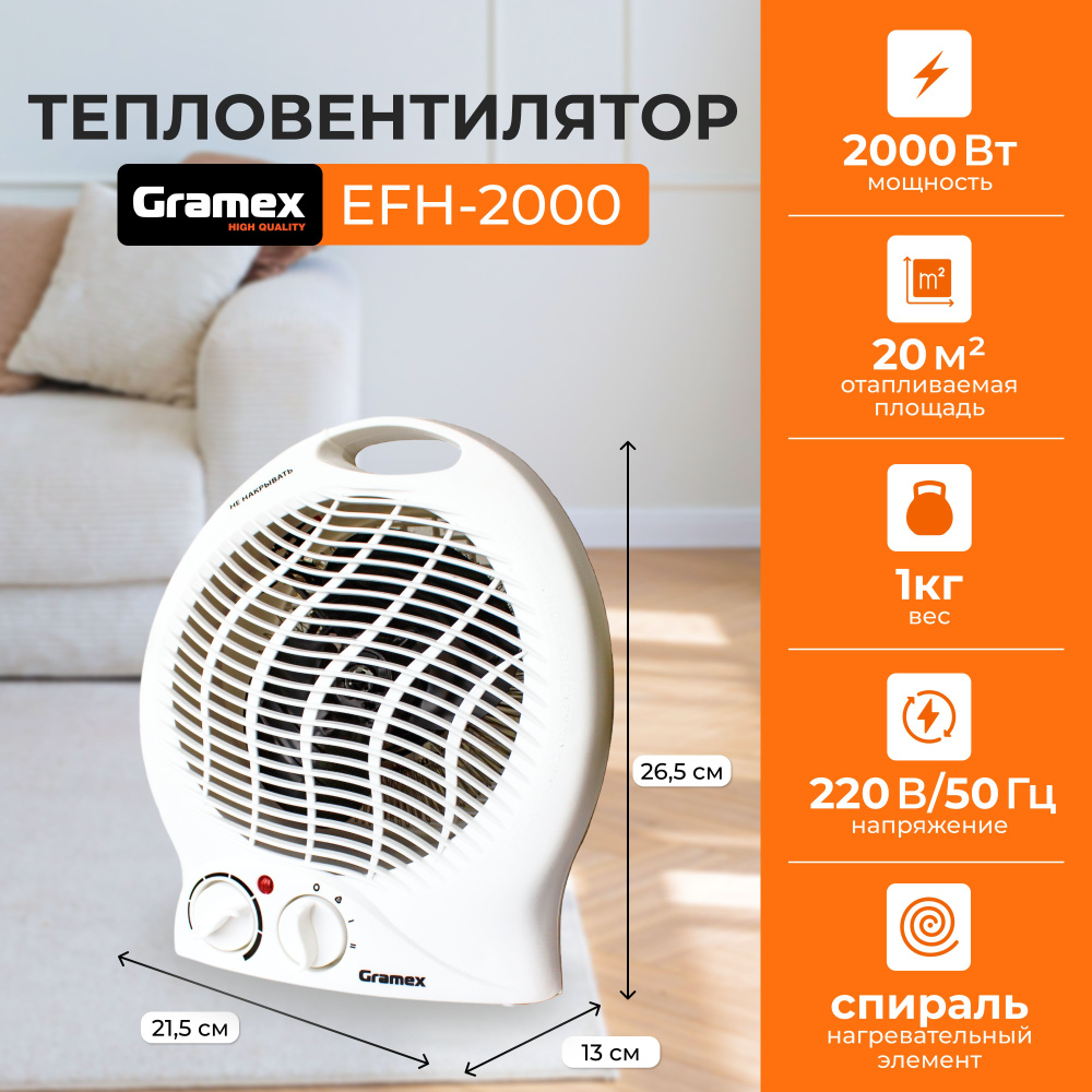 Тепловентилятор напольный, настольный GRAMEX EFH-2000/ обогреватель для дома  конвекторный электрический, 2000 Вт - купить с доставкой по выгодным ценам  в интернет-магазине OZON (1127021627)