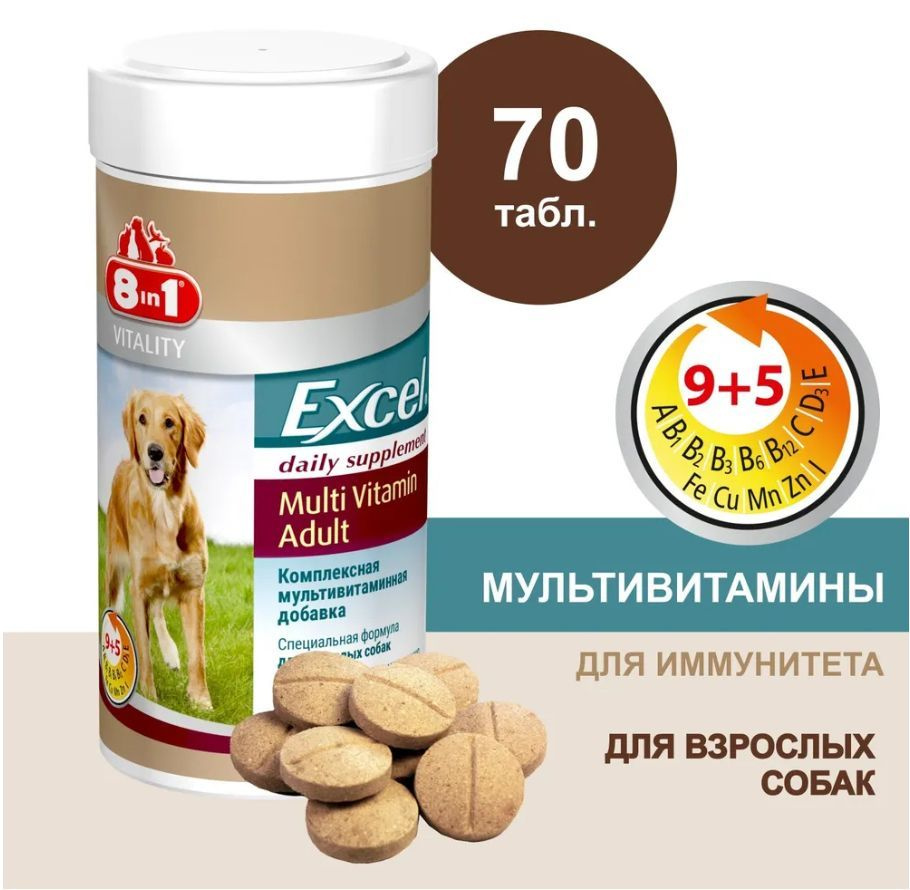 8 в 1 Мультивитамины для взрослых собак (8 in 1 Excel Multi Vitamin Adult  банка 70 таб. - купить с доставкой по выгодным ценам в интернет-магазине  OZON (1183978694)