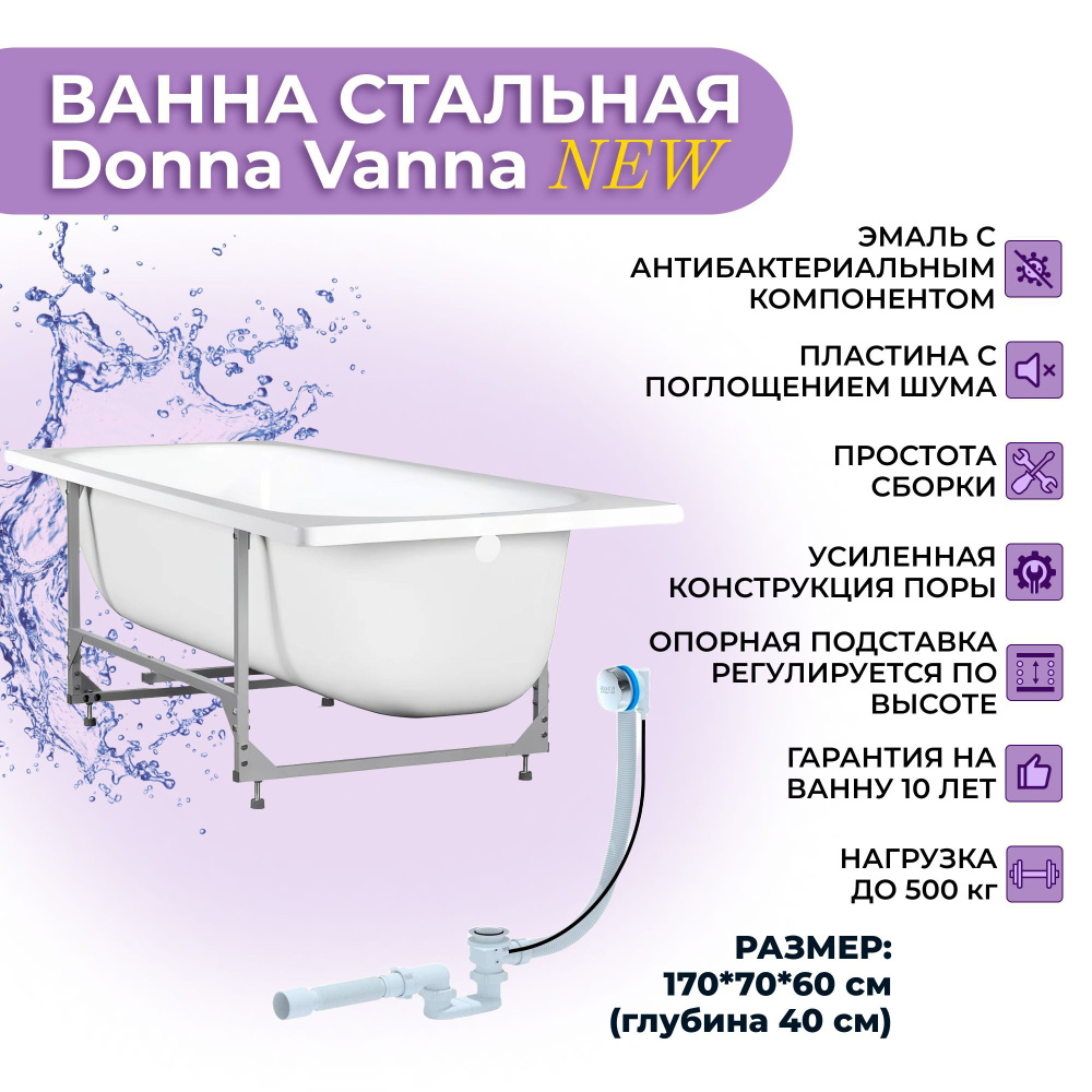 Ванна стальная ВИЗ Donna Vanna 170х70 на каркасной подставке/слив ...