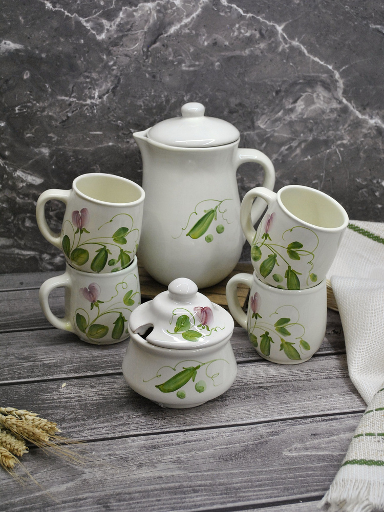 Чайный набор посуды керамический кувшин, сахарница, 4 кружки, Jane