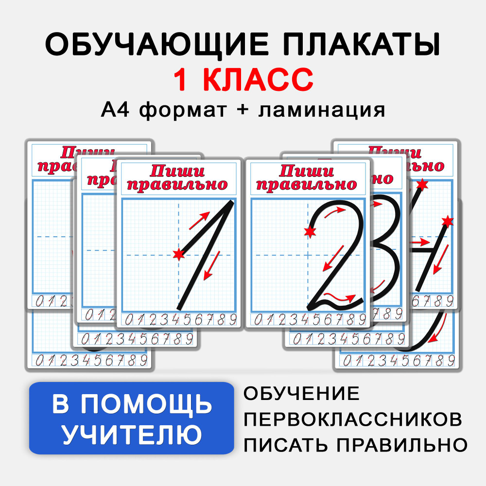 Пиши цифры правильно. Ламинированные наглядные обучающие материалы  (плакаты/постеры) А4 для учителей начальной школы. Учимся писать правильно.  1 ...