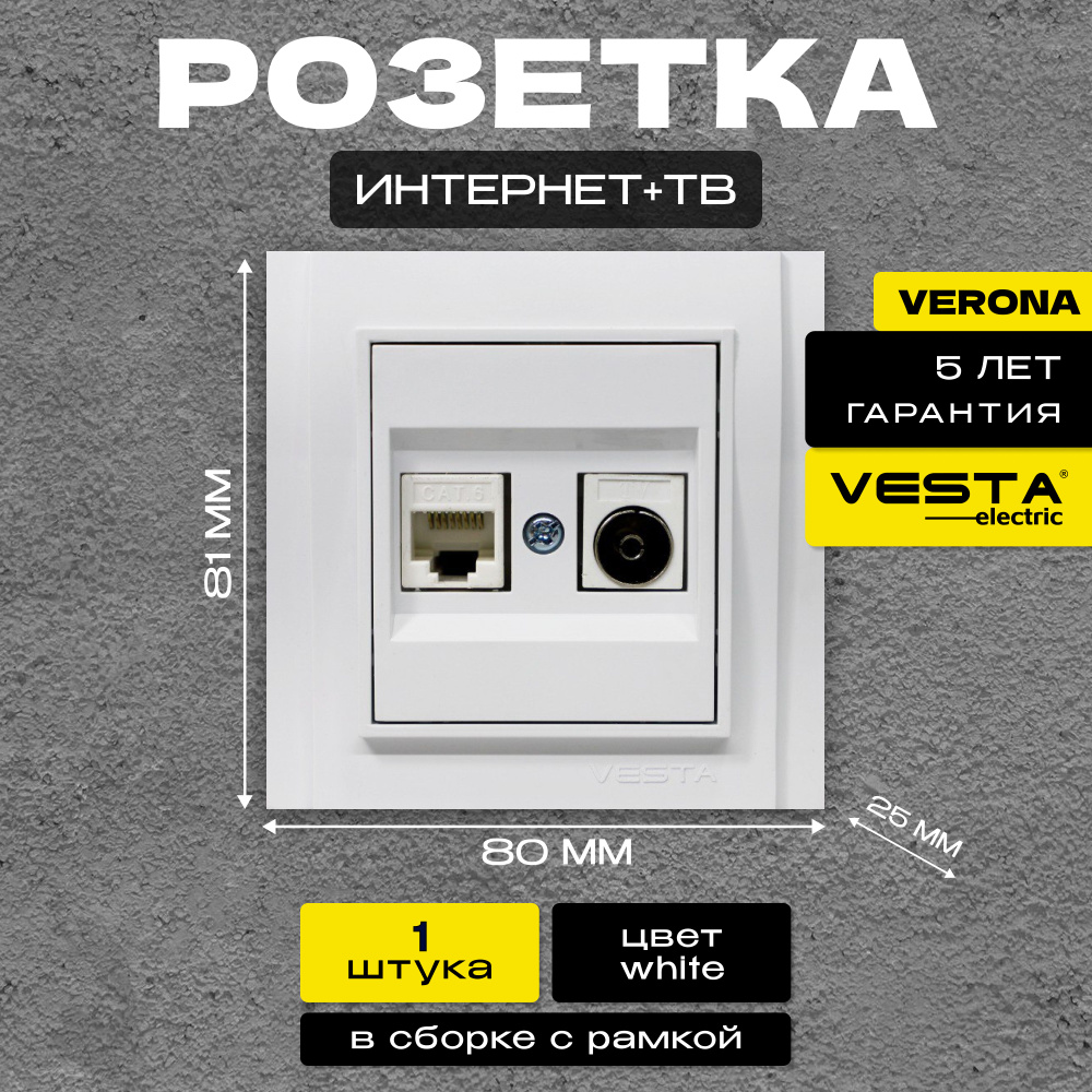 Розетка для сетевого кабеля LAN+TV двойная белая Vesta-Electric Verona  #1