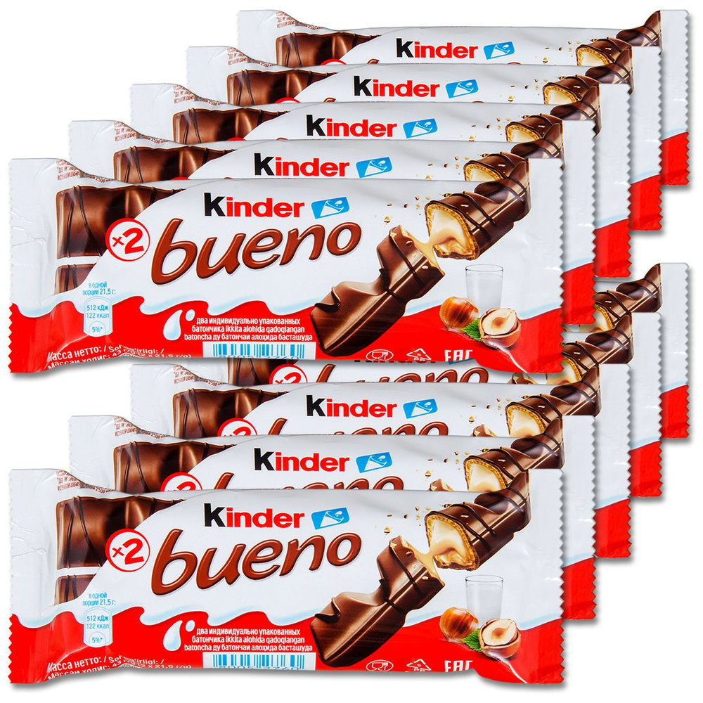 Киндер Буэно вафельный батончик Kinder Bueno молочно-ореховый, 43 г, 10 шт.  #1
