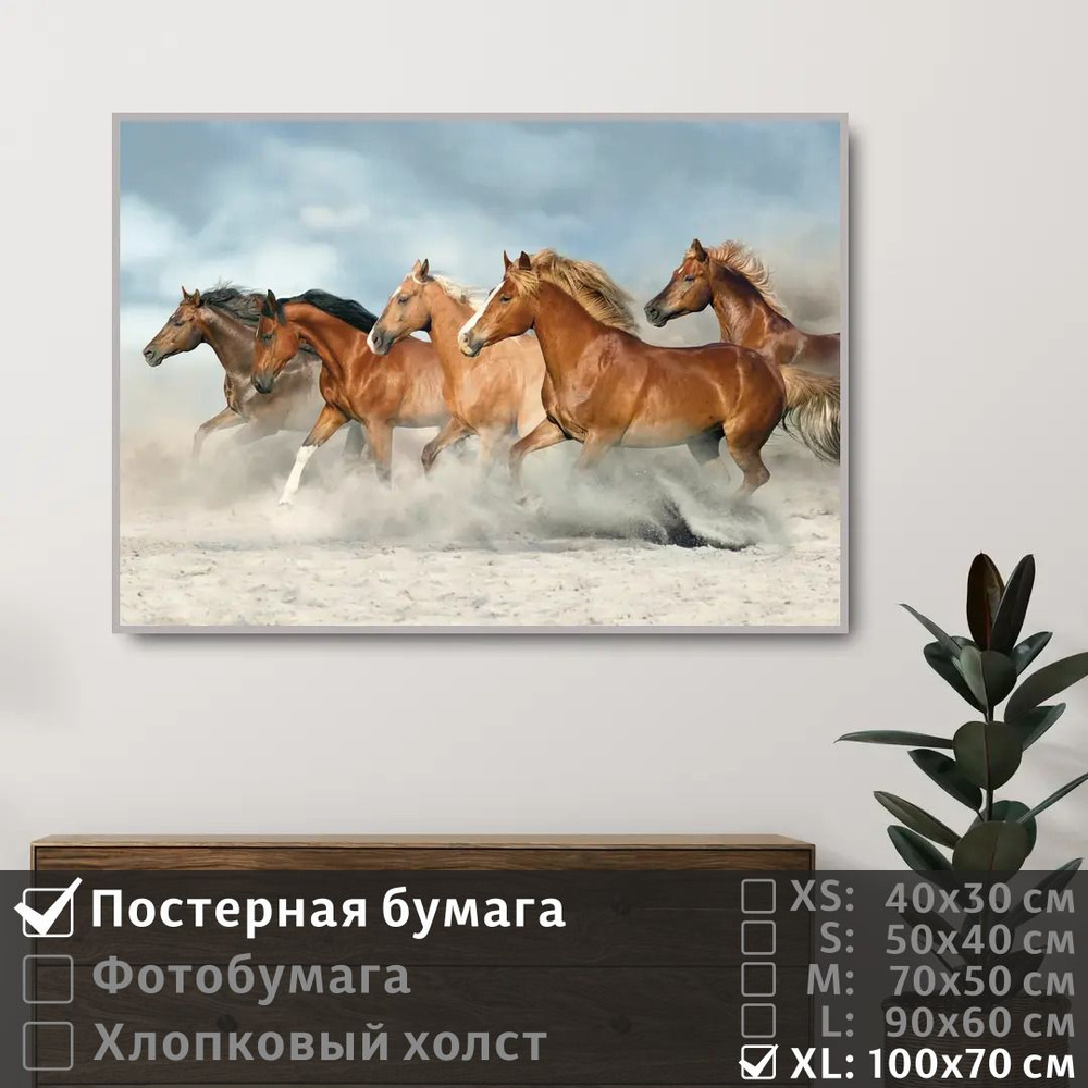 Постер на стену Лошади Скачут По Песку 100х70 см ПолиЦентр #1