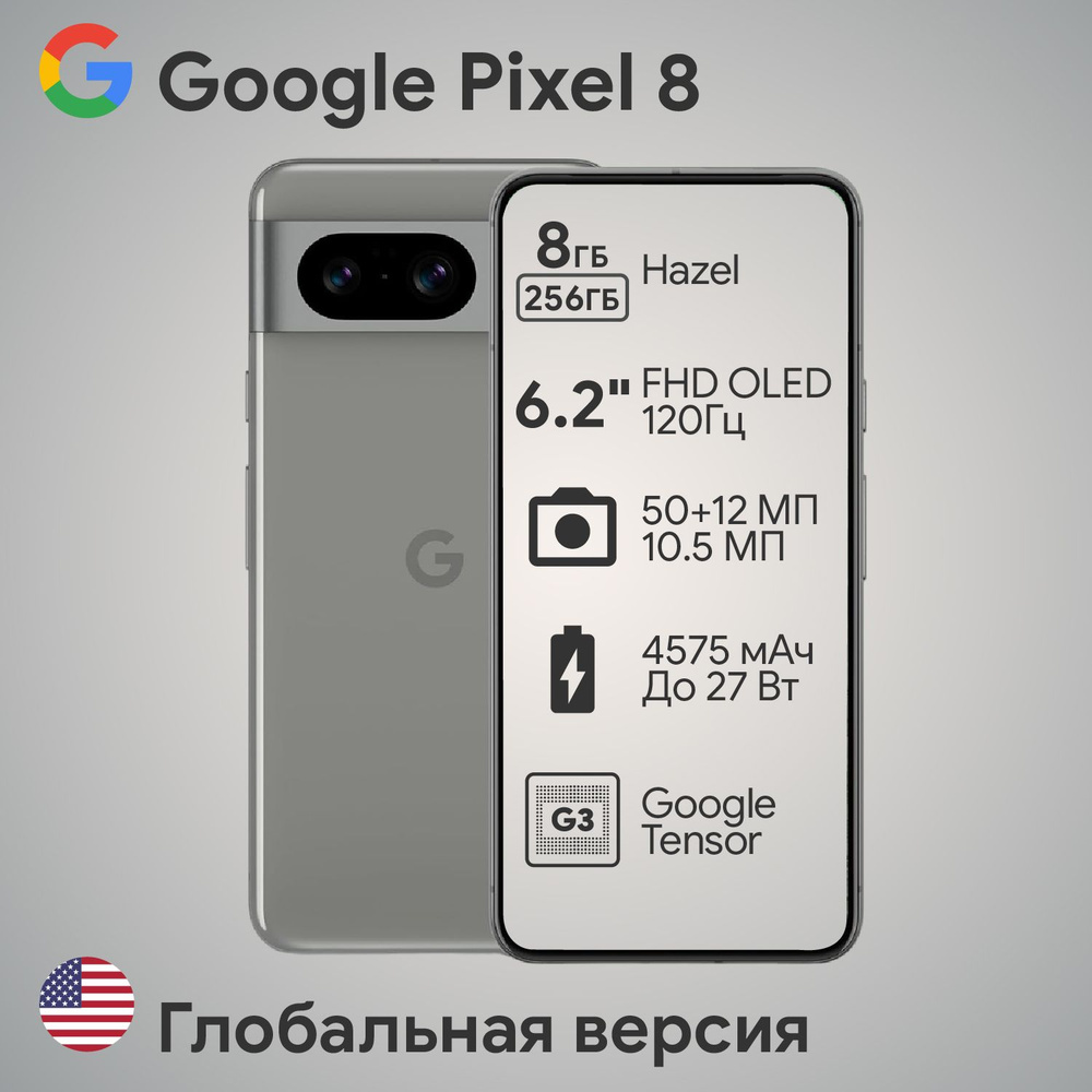 Google Смартфон Pixel 8 Hazel Глобальная версия Global 8/256 ГБ, серый