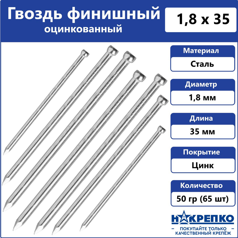 Гвозди финишные 1,8 х 35 мм оцинкованные Накрепко 50 грамм #1
