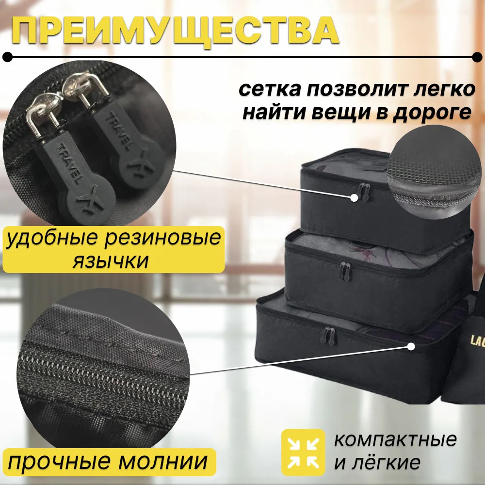 Набор дорожных органайзеров для путешествий Laundry Pouch 6 штук для багажа в чемодан,черный  #4
