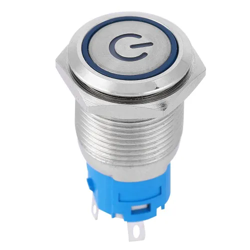 Кнопка металлическая 16мм без фиксации с LED подсветкой и символом питания, 220В, синяя