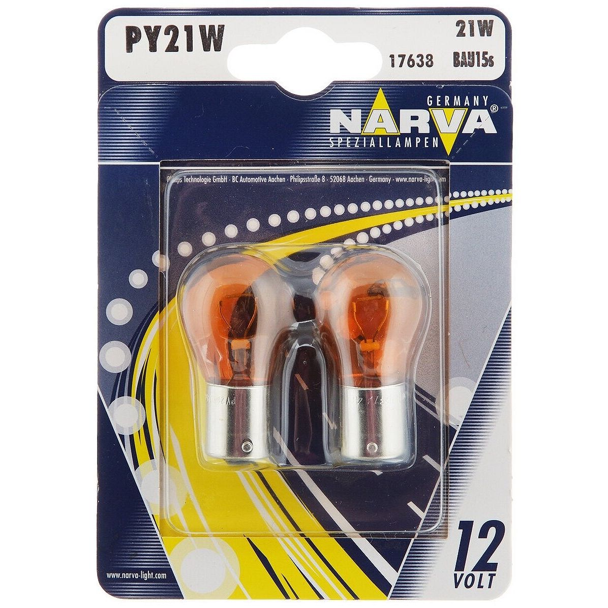 Лампа накалив P21W 12V 21W BAU15s стоп-сигнал повтор 1 конт желт смещ цок (NARVA)