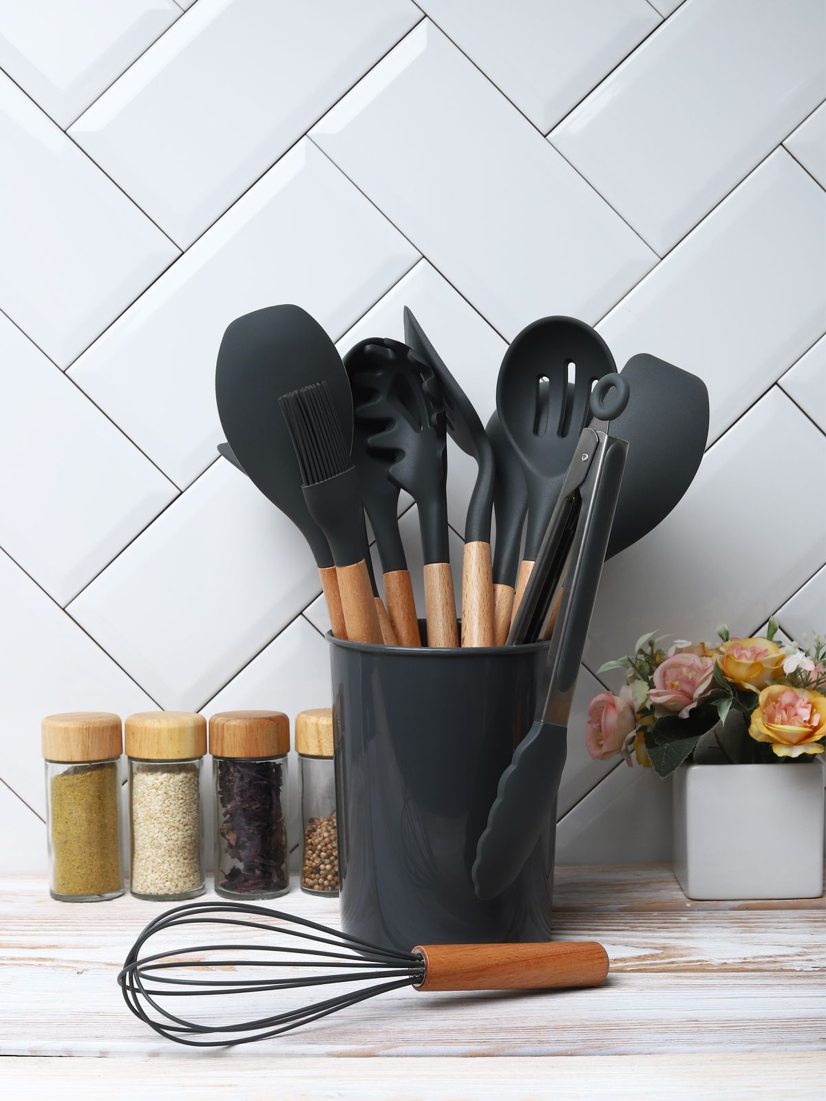 Набор для кухни "Куханная утварь" силиконовый серый (графит), 12 ...