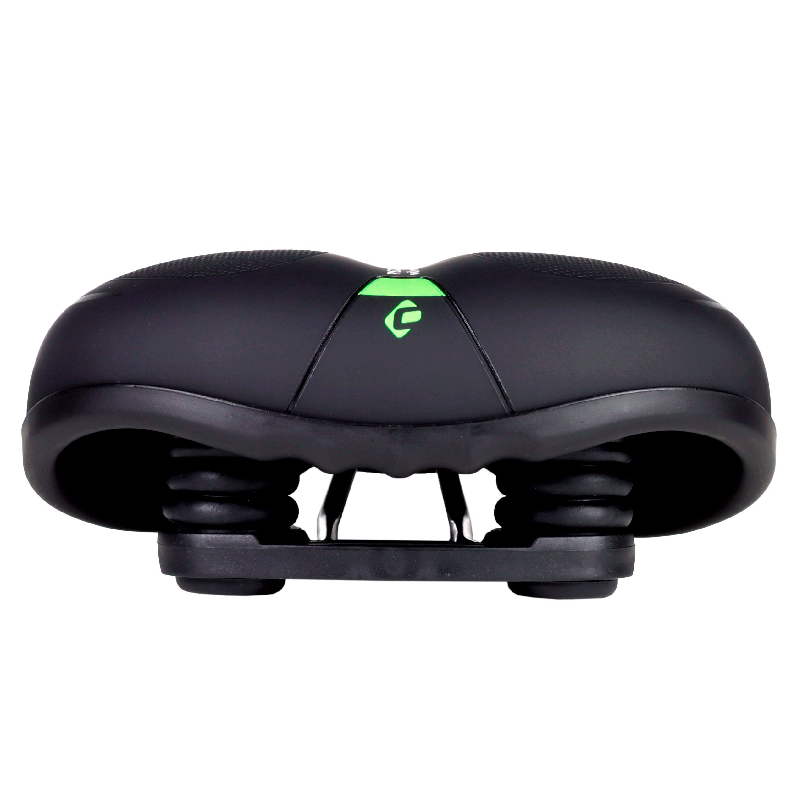 Седло велосипедное комфортное COMIRON TOKYO C012 265x220, технологии: ED, MEMORY FOAM, полиуретан с пресс. принтом, чёрный, зелёный Седло велосипедное комфортное COMIRON TOKYO C012 265x220, технологии: ED, MEMORY FOAM, полиуретан с пресс. принтом, чёрный, зелёный
