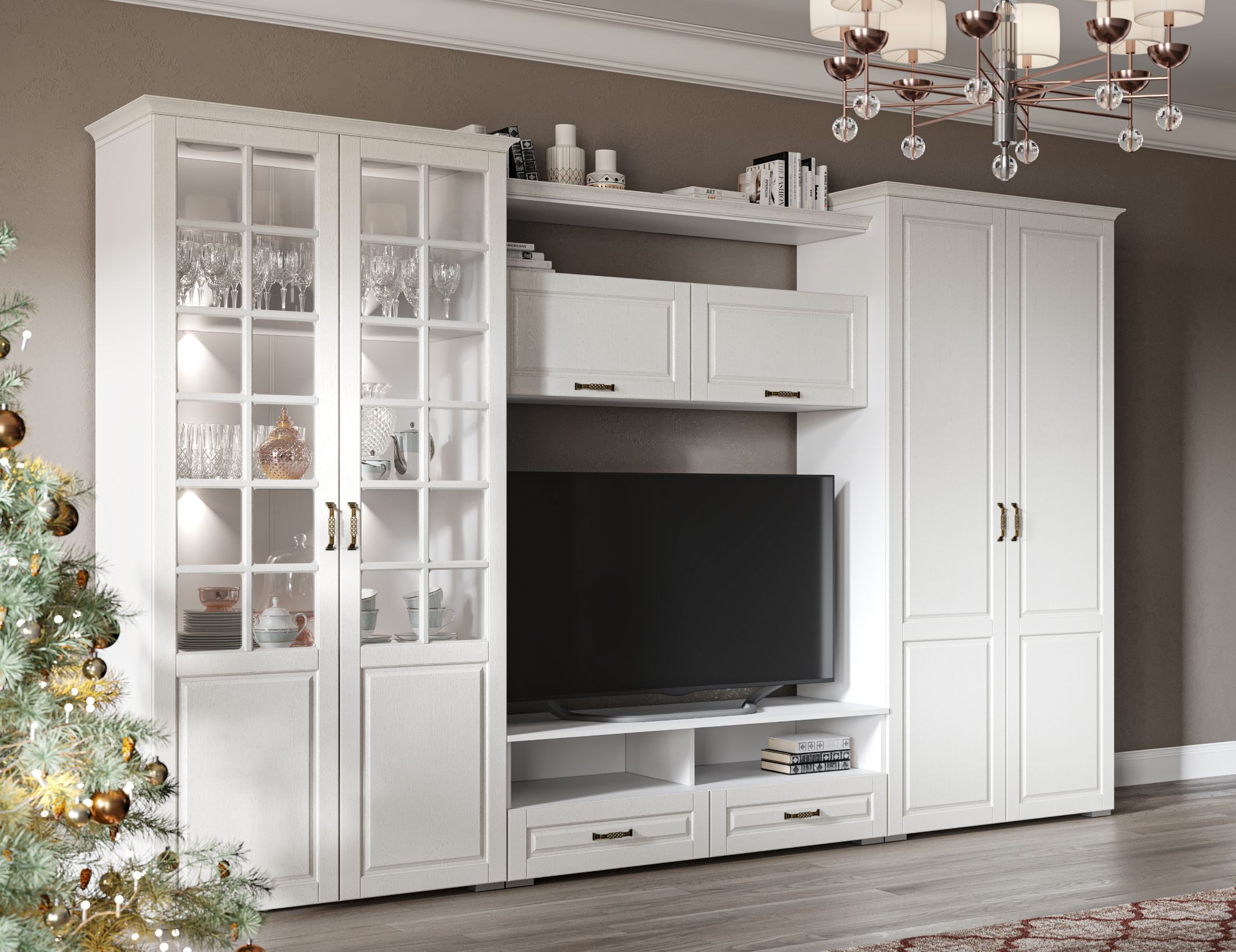 Стенка для гостиной Лацио со шкафом, витриной, карнизами, подсветкой ...