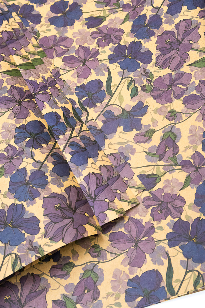 Бумага упаковочная подарочная крафт "цветы - голубой лен", в наборе 4 листа 70х100см, Т-Пак  #1
