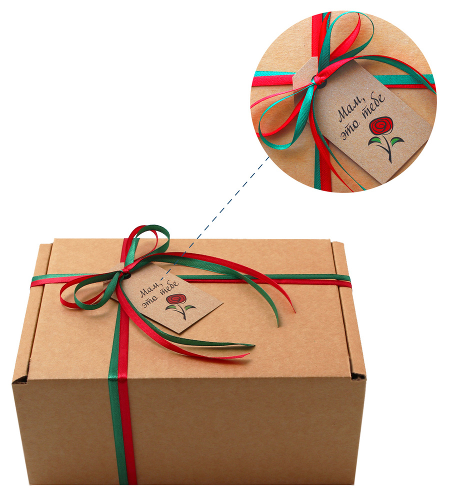 Крафтовая подарочная коробка "МАМ, ЭТО ТЕБЕ" (22х16,5х10 см) с наполнителем тишью, красной и зелёной #1