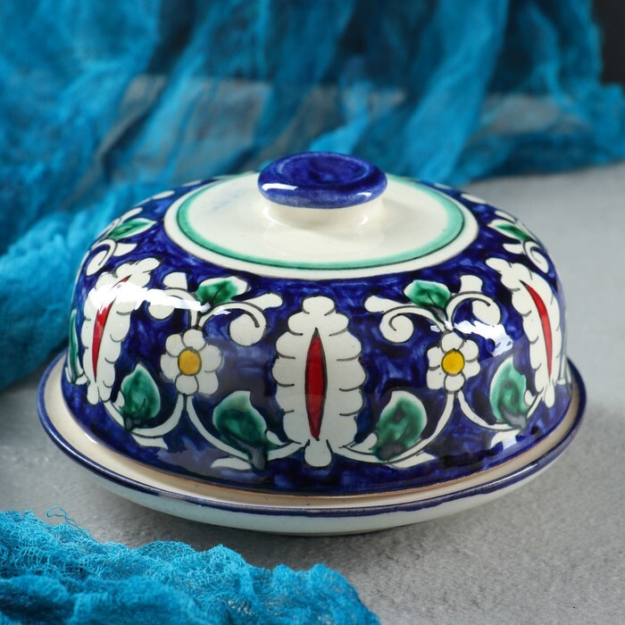 Масленка Риштанская Керамика "Цветы", 13 см, синий #1