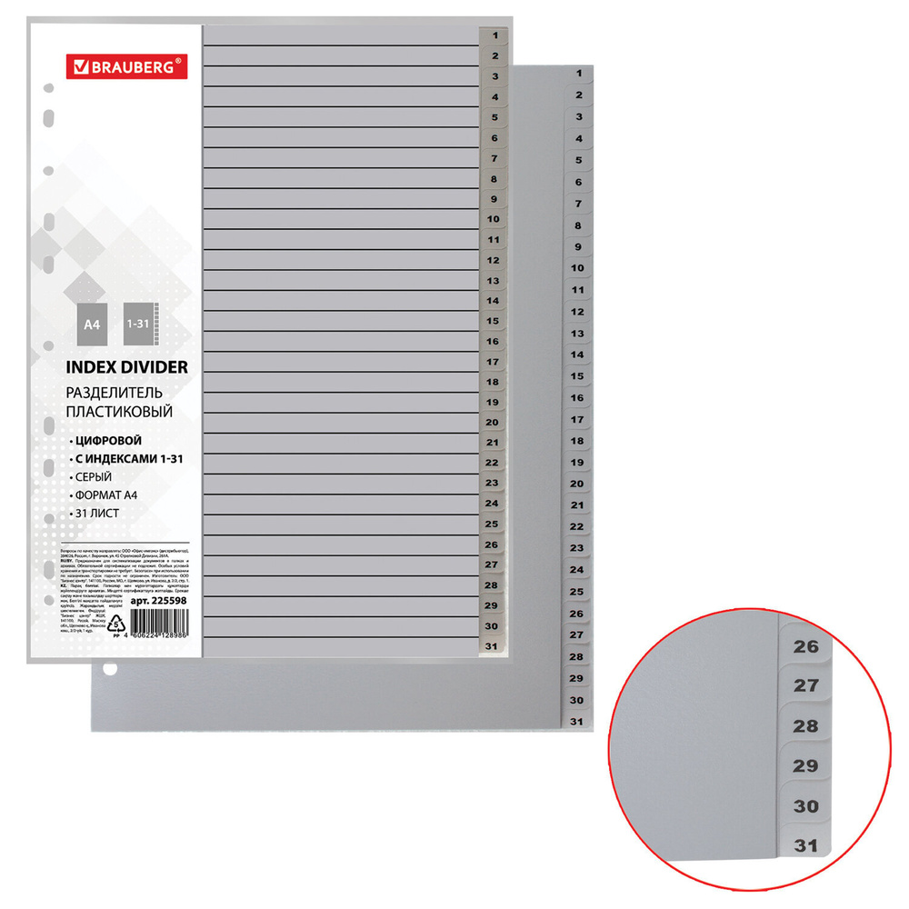 Разделитель пластиковый Brauberg А4, 31 лист, цифровой 1-31, оглавление, серый, Россия (225598)  #1