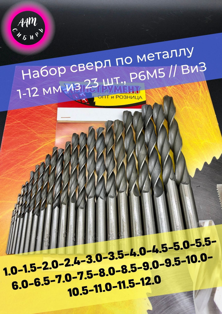 Набор сверл по металлу 1-12 мм из 23 шт. Р6М5, ВиЗ #1