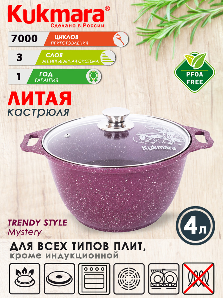 Кастрюля антипригарная 4,0л со стеклянной крышкой Trendy style mystery KUKMARA  #1