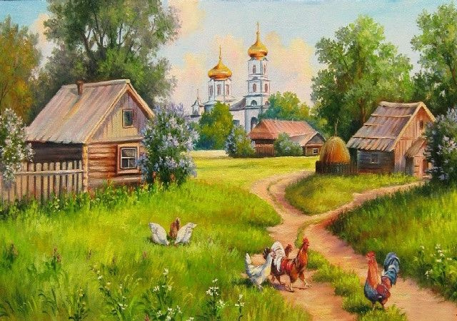 Картина раскраска по номерам на подрамнике на холсте 40*50 см "Деревенский пейзаж и церковь"  #1