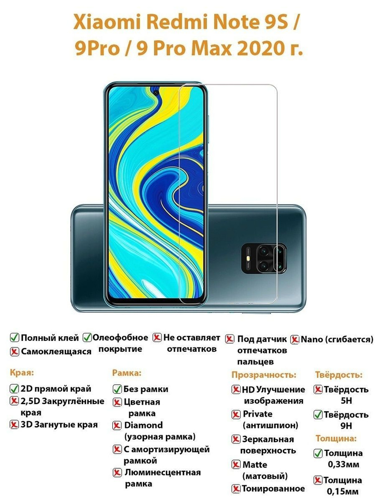 Защитное стекло для Xiaomi Redmi Note 9S / Note 9 Pro / Note 9 Pro Max без рамки  #1