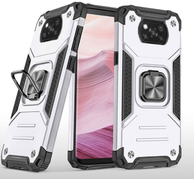 Противоударный чехол для Xiaomi Poco X3 серебро с пластиной для магнитного автодержателя и кольцом подставкой #1