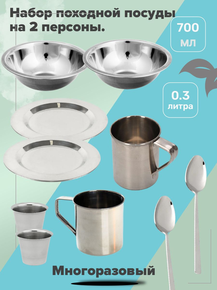 Набор походной посуды. На 2 персоны. Из нержавеющей стали: Кружки 300 ...