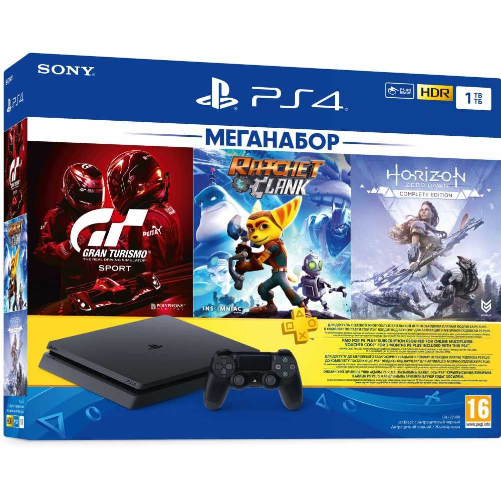 Игровая приставка Sony PlayStation 4 Slim 1TB + Gran Turismo Sport + Ratchet & Clank + Horizon: Zero Dawn + PS Plus — в интернет-магазине OZON с быстрой доставкой