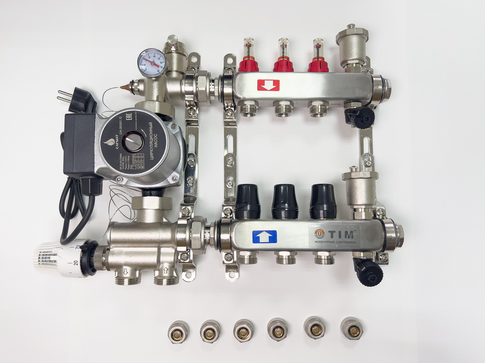 Комплект для водяного теплого пола с насосом: Коллектор 3 выхода с расходомерами + смесительный узел #1