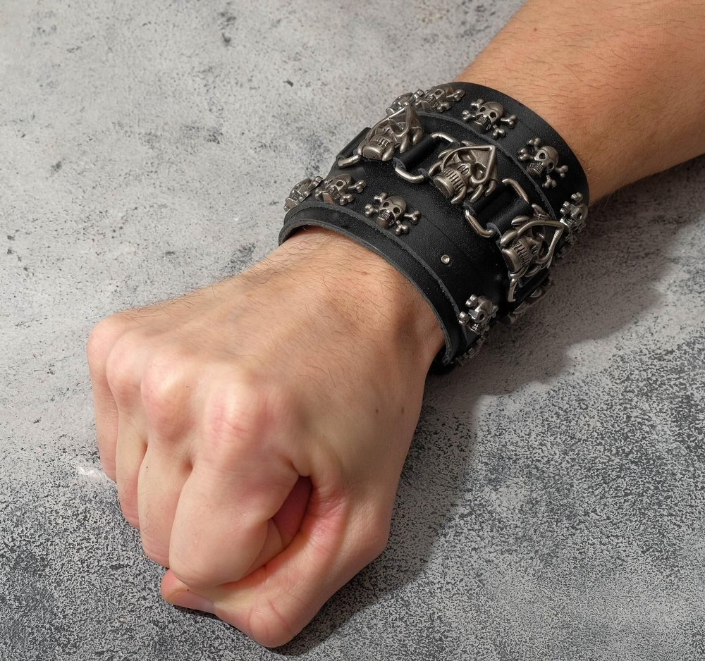 Браслет кожа "Череп" широкий, чёрный с серебром, 26, 5см - купить с ...