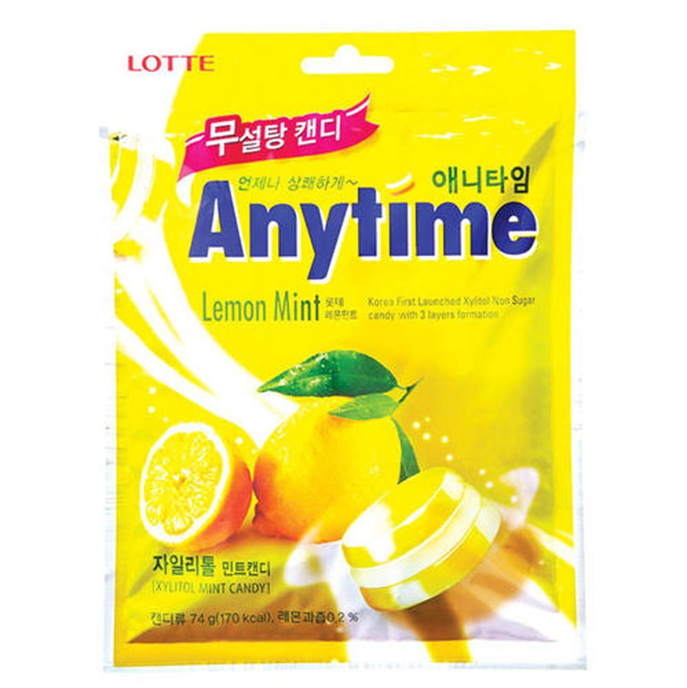 Карамель леденцовая с ксилитолом без сахара Lotte Anytime Lemon Mint Корея 2упак х 74гр