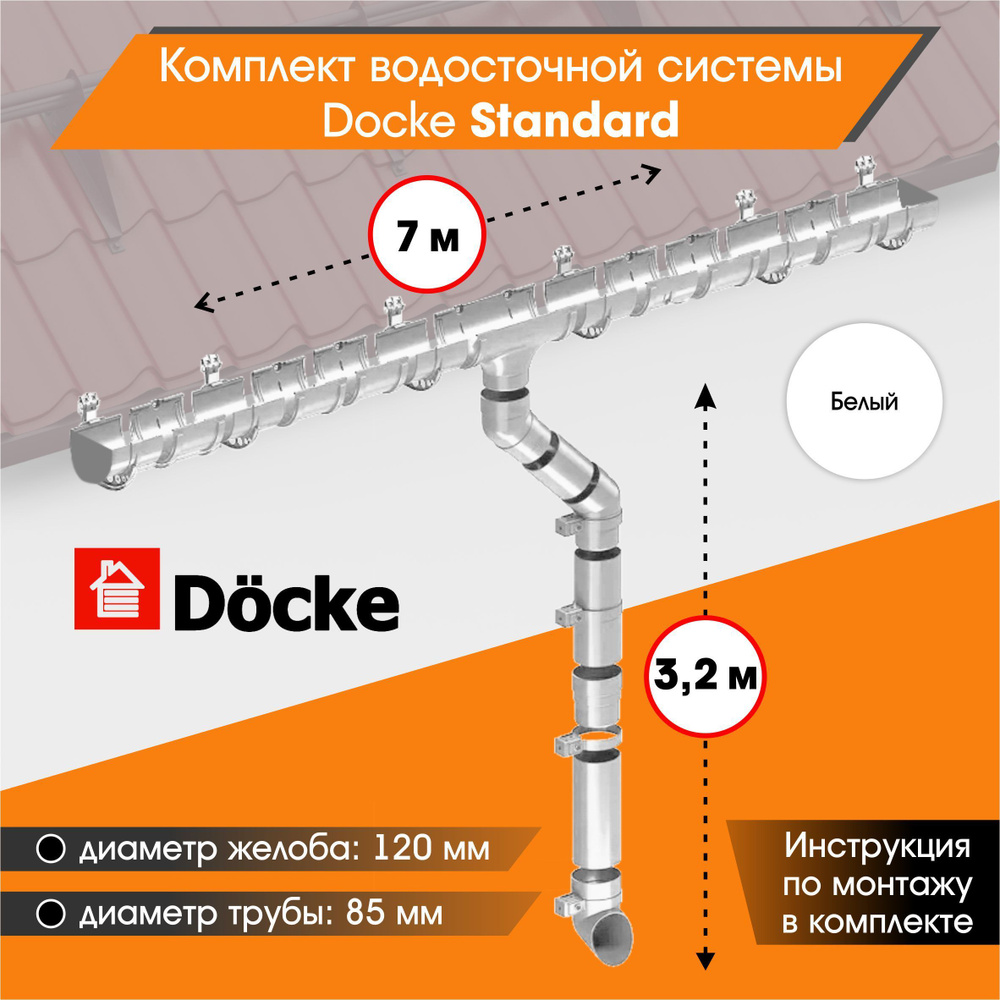 Водосточная система для крыши комплект Docke Standard RAL 9003 водосток для  крыши дома для ската 7м, белый