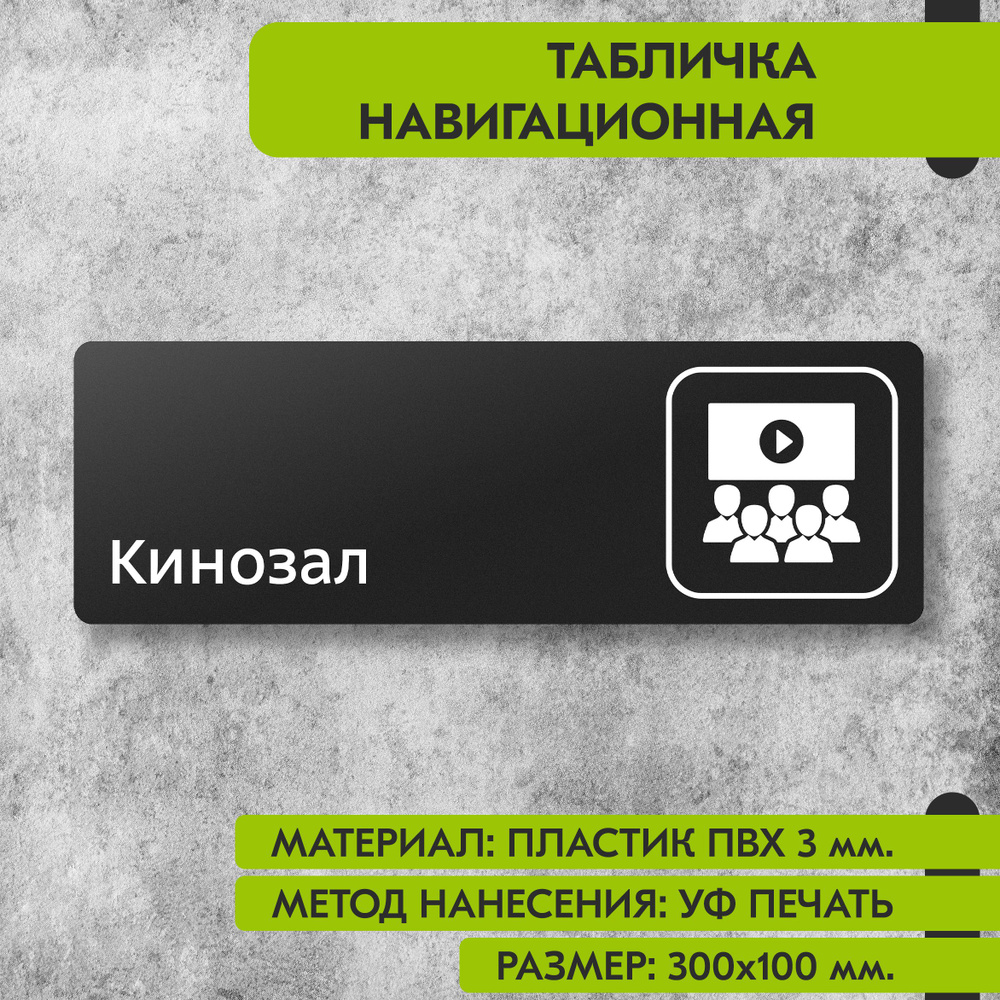 Табличка навигационная "Кинозал" черная, 300х100 мм., для офиса, кафе, магазина, салона красоты, отеля #1