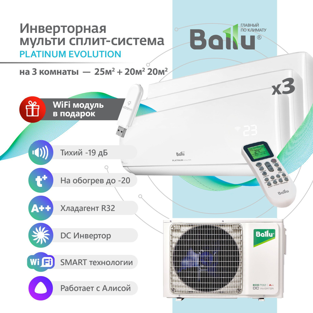 Инверторная Мульти сплит-система BALLU на 3 комнаты (25+20+20)м2  BA2OI-FM/21HN8+09HN8+07HN8*2, белый