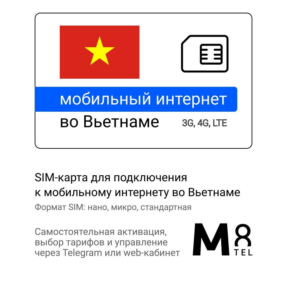 M8.tel SIM-карта - мобильный интернет во Вьетнаме, 3G, 4G сим карта для  телефона, для планшета, для смартфона, для роутера - туристическая,  иностранная, зарубежная сим карта для путешествий, интернет за границей  (Весь мир) -