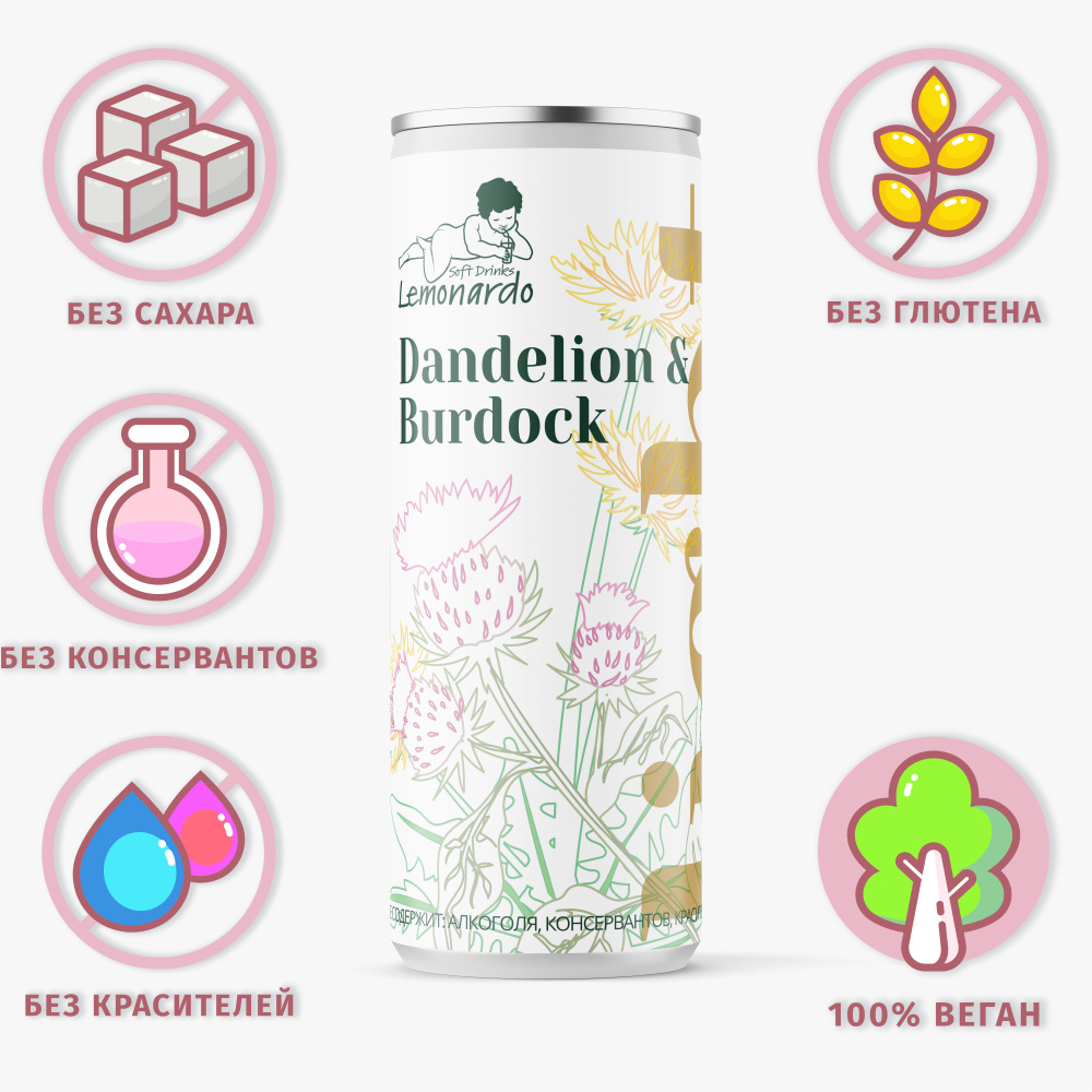 Натуральный лимонад Одуванчик и Лопух со стевией / Lemonardo Dandelion & Burdock Light, алюминиевая банка #1