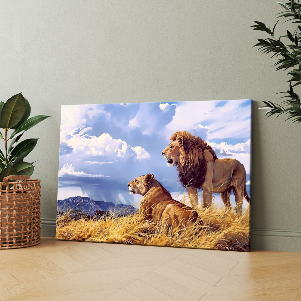 Картина на холсте (Лев и львица) 30x40 см. Интерьерная, на стену ...