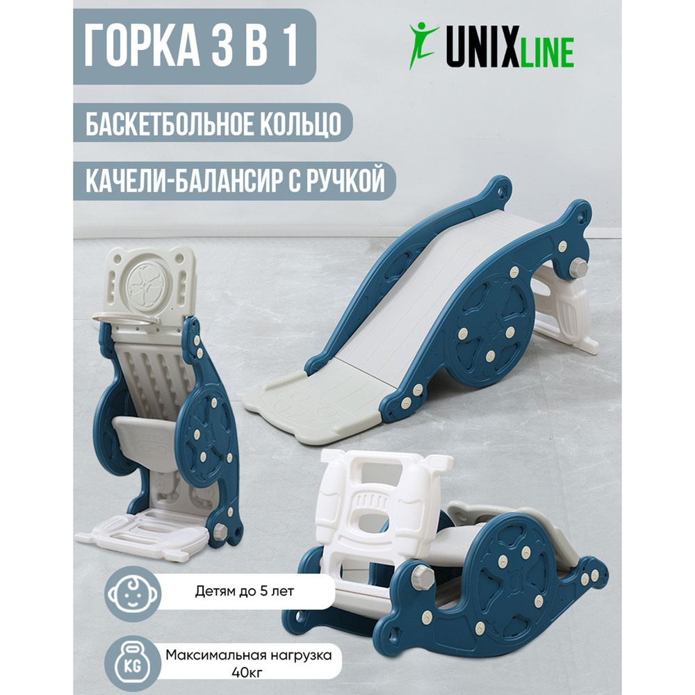 Горка-трансформер 3 в 1 со спуском 95 см UNIX Kids Blue из пластика,  игровой комплекс: горка + качалка-балансир + баскетбольная стойка, для дома  и ...