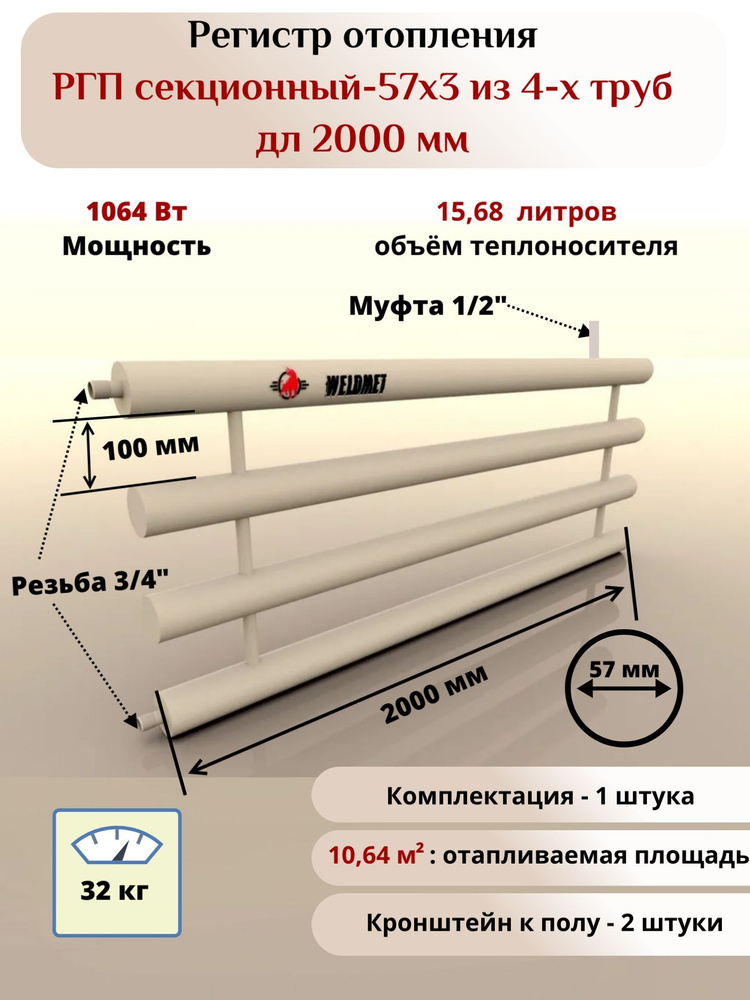 Регистр отопления РГП-57х3 из 4-х труб дл 2000мм Вэлдмет ТУ 25.21.11-001-42898558-2017  #1