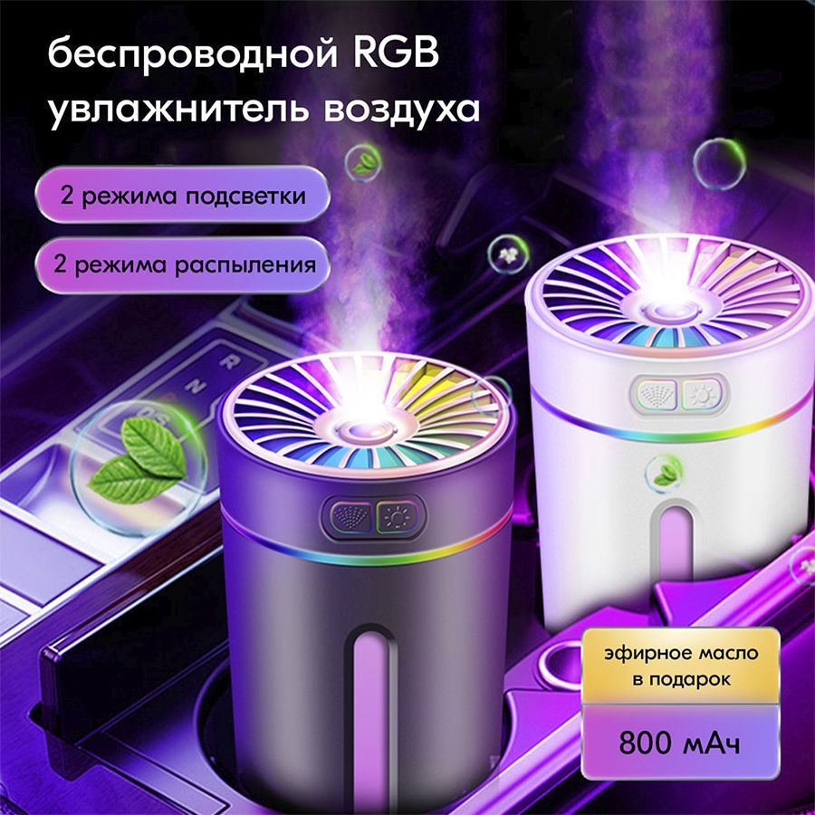 Беспроводной ультразвуковой увлажнитель воздуха с динамической подсветкой  RGB, 300 мл / Аромадиффузор интерьерный, парогенератор для очистки и ...