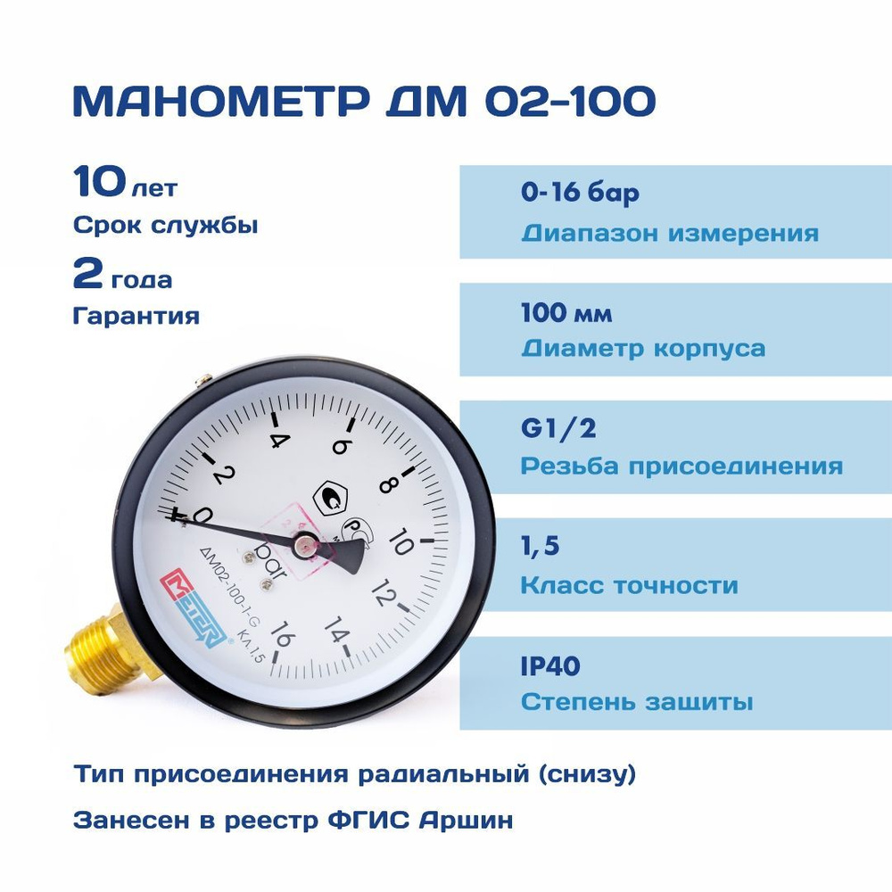 Манометр "МЕТЕР" ДМ02 100мм 0-16Бар G1/2, кл.т. 1,5 #1