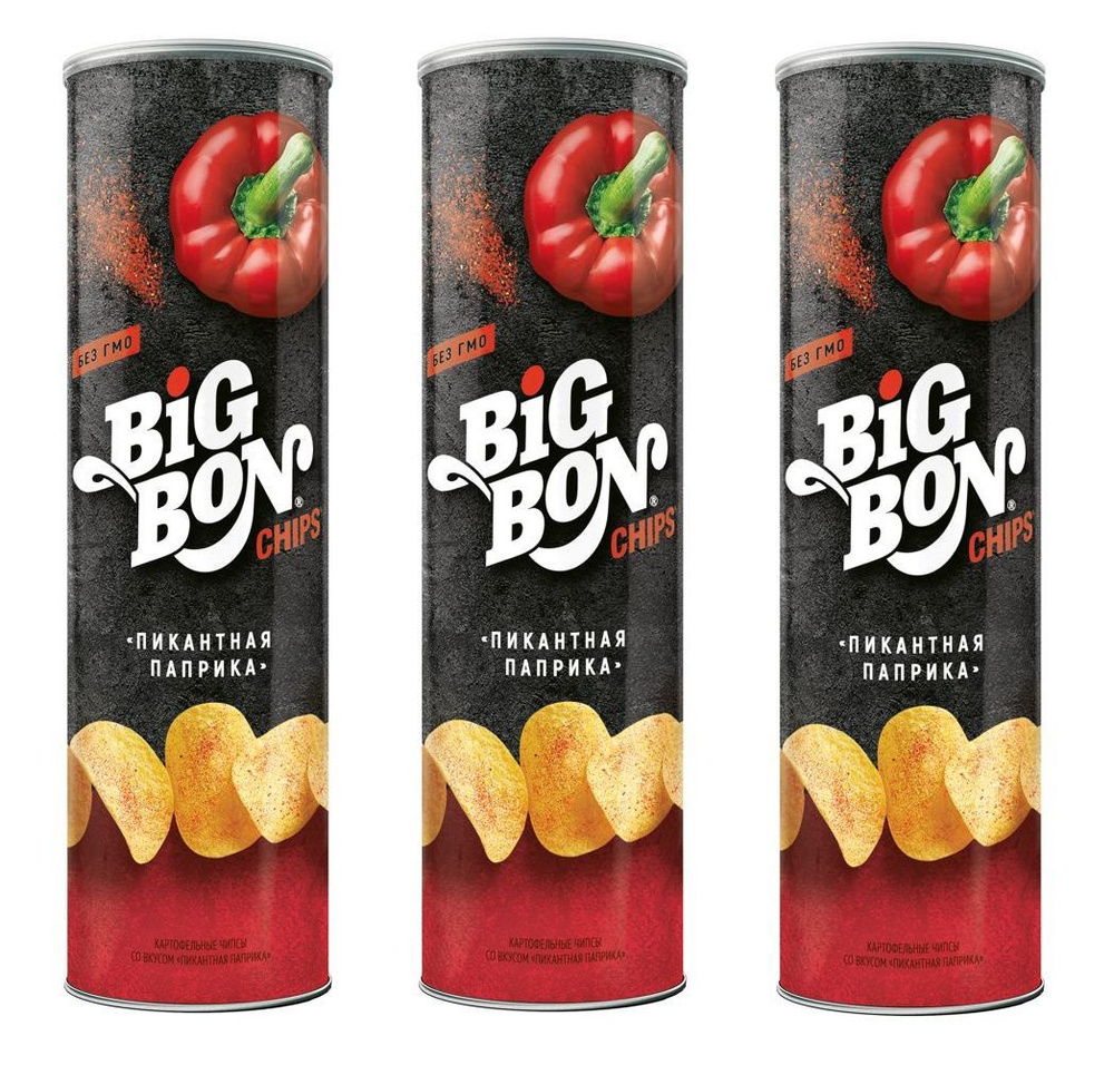 Чипсы картофельные Бигбон BIGBON со вкусом ПИКАНТНАЯ ПАПРИКА 130 гр тубус  Big Bon 3 штуки