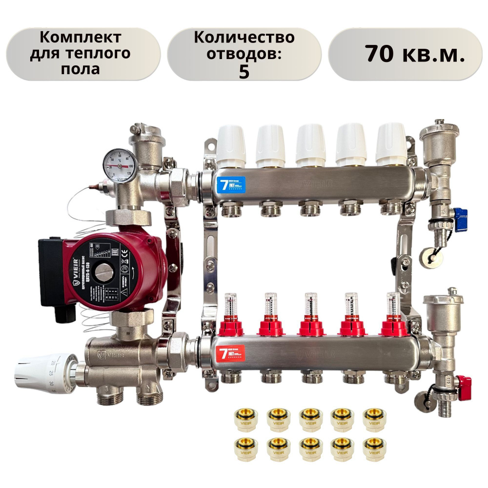 КОМПЛЕКТ ViEiR для теплого пола водяного: Коллектор из нержавеющей стали на 5 выходов с расходомерами #1